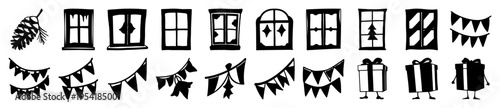 Hand-drawn black and white icons of windows, pine branches, pinecones, and festive bunting flags for holiday designs.