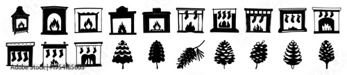 Collection of hand-drawn black and white icons featuring fireplaces, pine trees, and pinecones for festive decor.