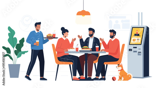 Friends enjoying a social meal together at a modern restaurant featuring a self-service ordering kiosk and a pet dog.