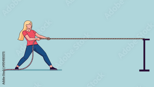 Young woman with long blonde hair pulling a heavy rope in a tug of war game against a stationary post on a plain blue background.