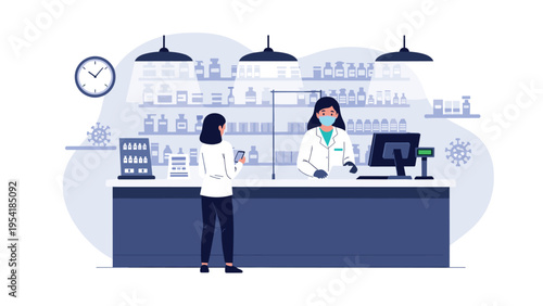 Female pharmacist wearing a protective face mask and white coat serving a customer behind a counter in a modern pharmacy with medicine.