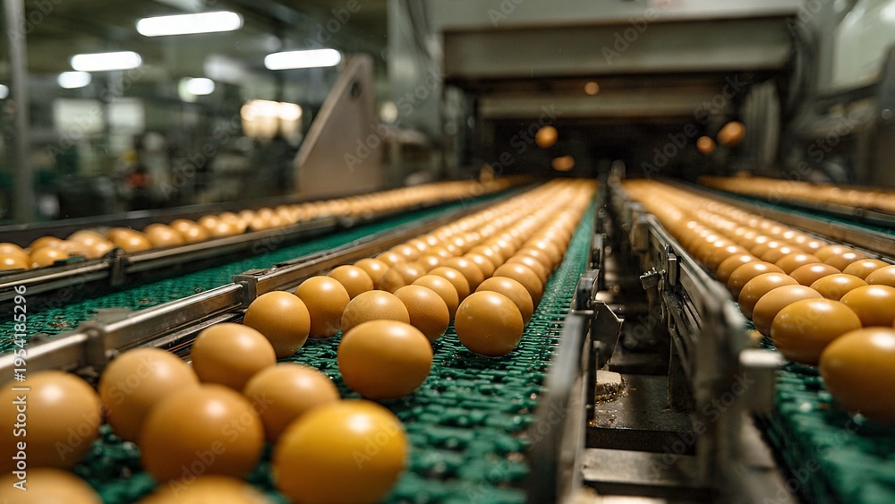 Fototapeta premium Fresh Brown Eggs on Automatic Conveyor Belt in Modern Food Factory, Industrial Sorting and Packaging Process for Large Scale Poultry Production