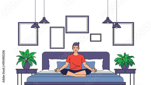 Man sitting in a lotus pose meditating on a bed in a peaceful bedroom with plants, bedside tables, and picture frames on the wall.