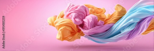 Colorful flowing fabric twists and swirls against a pink background, creating a dynamic and vibrant abstract composition.