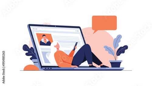Young woman sits comfortably inside a giant laptop screen while browsing her smartphone for social media.