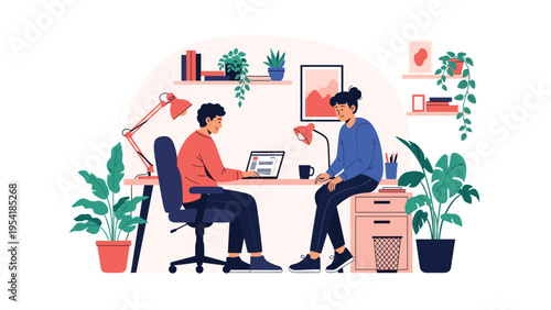 Two colleagues work collaboratively at a shared wooden desk in a modern office filled with green plants.