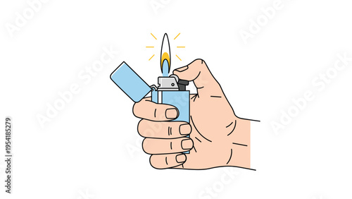 Close-up of a human hand holding a classic blue metal lighter that is producing a small yellow flame.