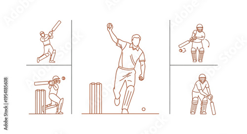 Cricket Players in Action Poses.