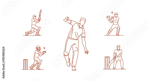 Cricket players in various batting stances.