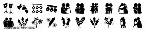 Hand-drawn icons of disco lights, spotlights, and couples embracing for parties, romance, and joyful moments