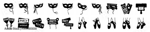 Festive hand-drawn vector icons showcasing masquerade masks, party signs, and ballet shoes, perfect for celebrations and performance arts.