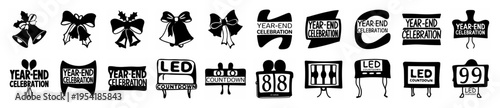 Black silhouette icons for festive occasions: bells, bows, and year-end celebration banners with countdown screens.