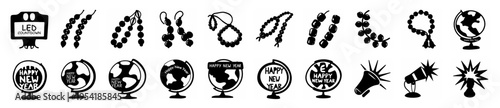 Collection of black silhouette icons: LED screens, beaded necklaces, globes, and celebratory light bursts.