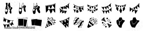 Charming hand-drawn vector icons of ballet slippers, festive bunting flags, and elegant necklaces, suitable for dance, parties, and fashion.