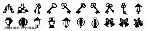 Assortment of black silhouette icons: chess pieces, antique keys, and various lanterns for decorative and thematic use.