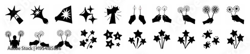 Black silhouette icons depicting celebratory light bursts, champagne toasts, and fireworks for festive occasions.