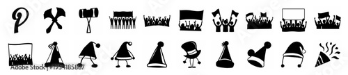 Collection of drumroll, crowd, and festive hat icons, representing anticipation, audience, and party themes in a black and white style.