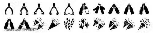 Set of hand-drawn wishbone icons and confetti poppers, symbolizing luck and celebration in a simple black and white style.