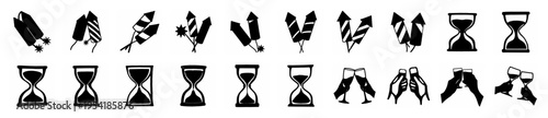 Collection of hand-drawn black and white vector icons celebrating holidays and special occasions like New Year's Eve.