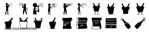 Assortment of hand-drawn black and white vector icons for celebrations, including people blowing confetti and champagne bottles.