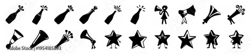Collection of hand-drawn black and white vector icons featuring popping champagne bottles, party horns, and festive stars.