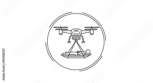 Drone delivering food in a circular frame illustration.