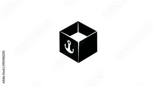 An isometric cube graphic with an anchor on one side. Graphic has a simplistic black and white design