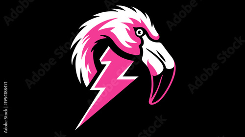A pink flamingo head with a lightning bolt, bold design on black background. Stylized logo