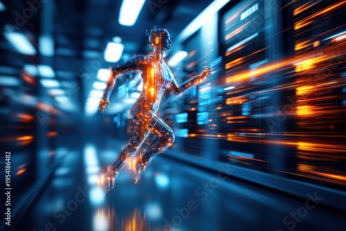 A glowing humanoid figure made of digital light runs through a futuristic, high-tech corridor filled with bright, dynamic data streams.