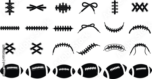 Black silhouette collection of American football balls and various shoe lace patterns with stitches isolated on white background for sports and fashion design