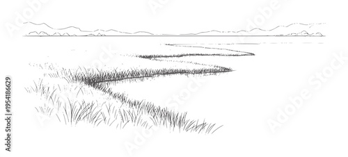 Winding river through grassy marshland with distant hills reeds water