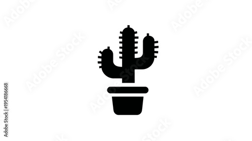 A monochromatic illustration of a cactus in a pot. The stylized plant has spines on its limbs