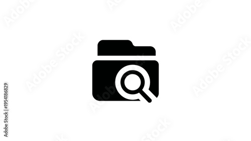 Black graphic depicting a file folder with a magnifying glass overlaid on a white background