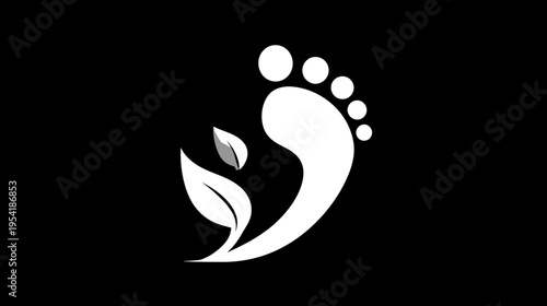A white graphic with a foot and two leaves, the foot has circles for toes