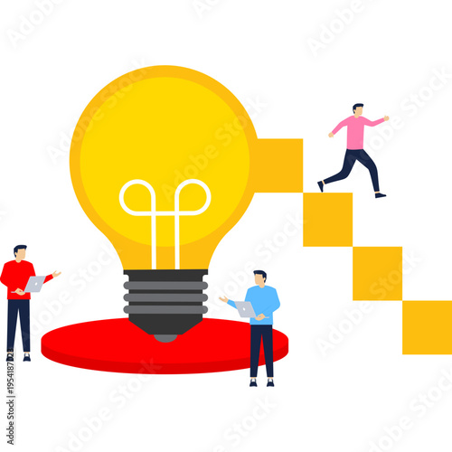 Isometric 3D business environment with business people working around light bulb as symbol of creating new ideas, support, development, investments infographic illustration.

