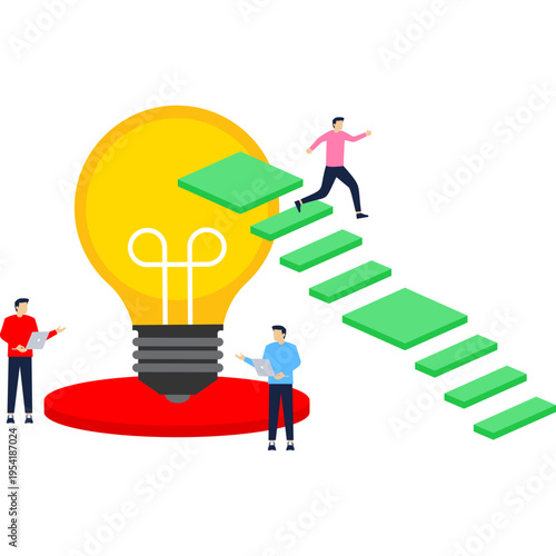 Isometric 3D business environment with business people working around light bulb as symbol of creating new ideas, support, development, investments infographic illustration.


