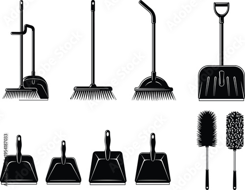 Black silhouette collection of household cleaning tools including brooms dustpans and duster brushes isolated on white background for housekeeping service and home maintenance projects