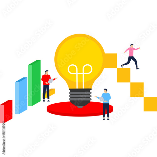 Isometric 3D business environment with business people working around light bulb as symbol of creating new ideas, support, development, investments infographic illustration.

