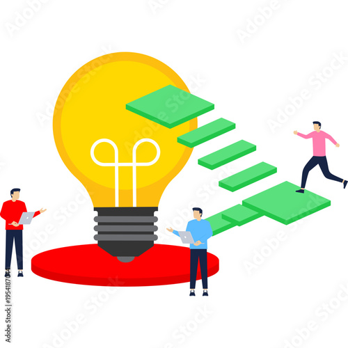 Isometric 3D business environment with business people working around light bulb as symbol of creating new ideas, support, development, investments infographic illustration.

