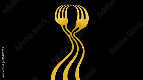 Golden fork abstract design on black background. Simple, elegant, minimalist