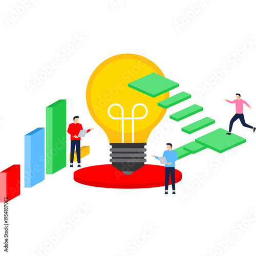 Isometric 3D business environment with business people working around light bulb as symbol of creating new ideas, support, development, investments infographic illustration.


