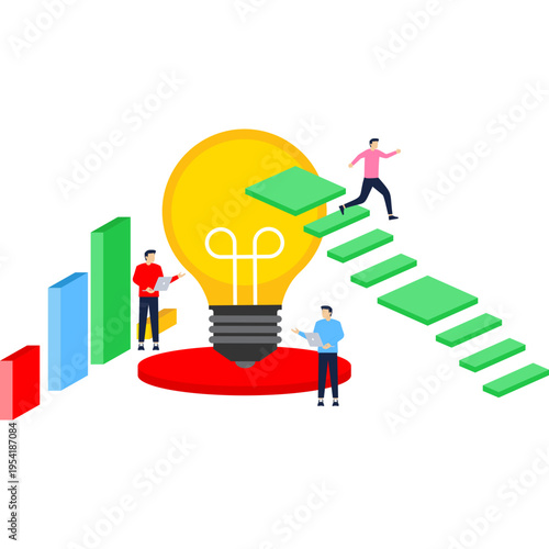 Isometric 3D business environment with business people working around light bulb as symbol of creating new ideas, support, development, investments infographic illustration.

