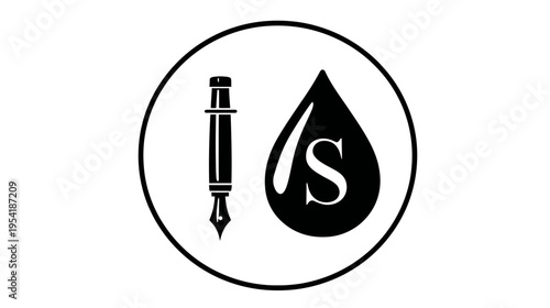 A black and white circular design containing a fountain pen and a water drop with the letter "S
