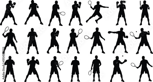 Black silhouette collection of male and female athletes in boxing stances with gloves and tennis players with rackets isolated on white background for sports