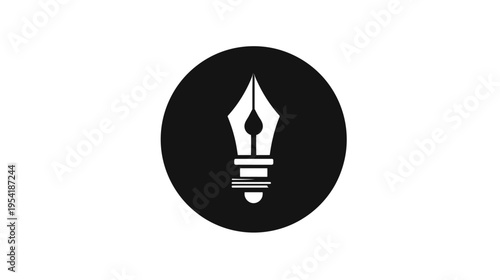 A white pen nib design inside a black circle against a white background; simple, clean