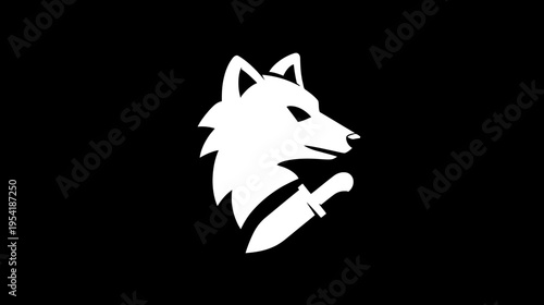 A stark white wolf's head in profile with a knife piercing its neck, against a stark black background