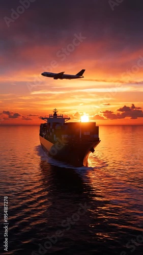 Cargo ship sailing on ocean with airplane flying overhead at sunset, transportation and travel background