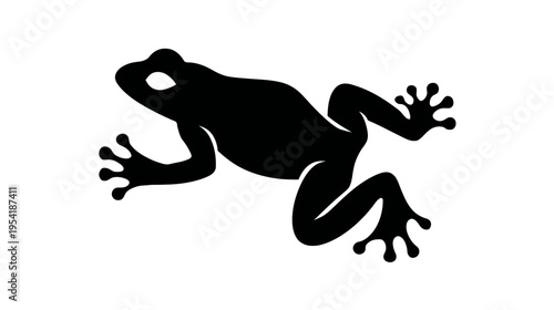 A simple, black silhouette of a frog on a white background, posed as if jumping