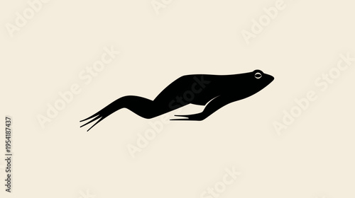 A sleek, black silhouette of an amphibian mid-leap, set against a neutral, warm background