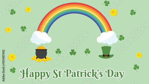 Colorful flat design vector of St Patrick's Day festive elements including a rainbow, leprechaun hat, gold coins, and clovers, ideal for summer-themed promotions and holiday marketing.